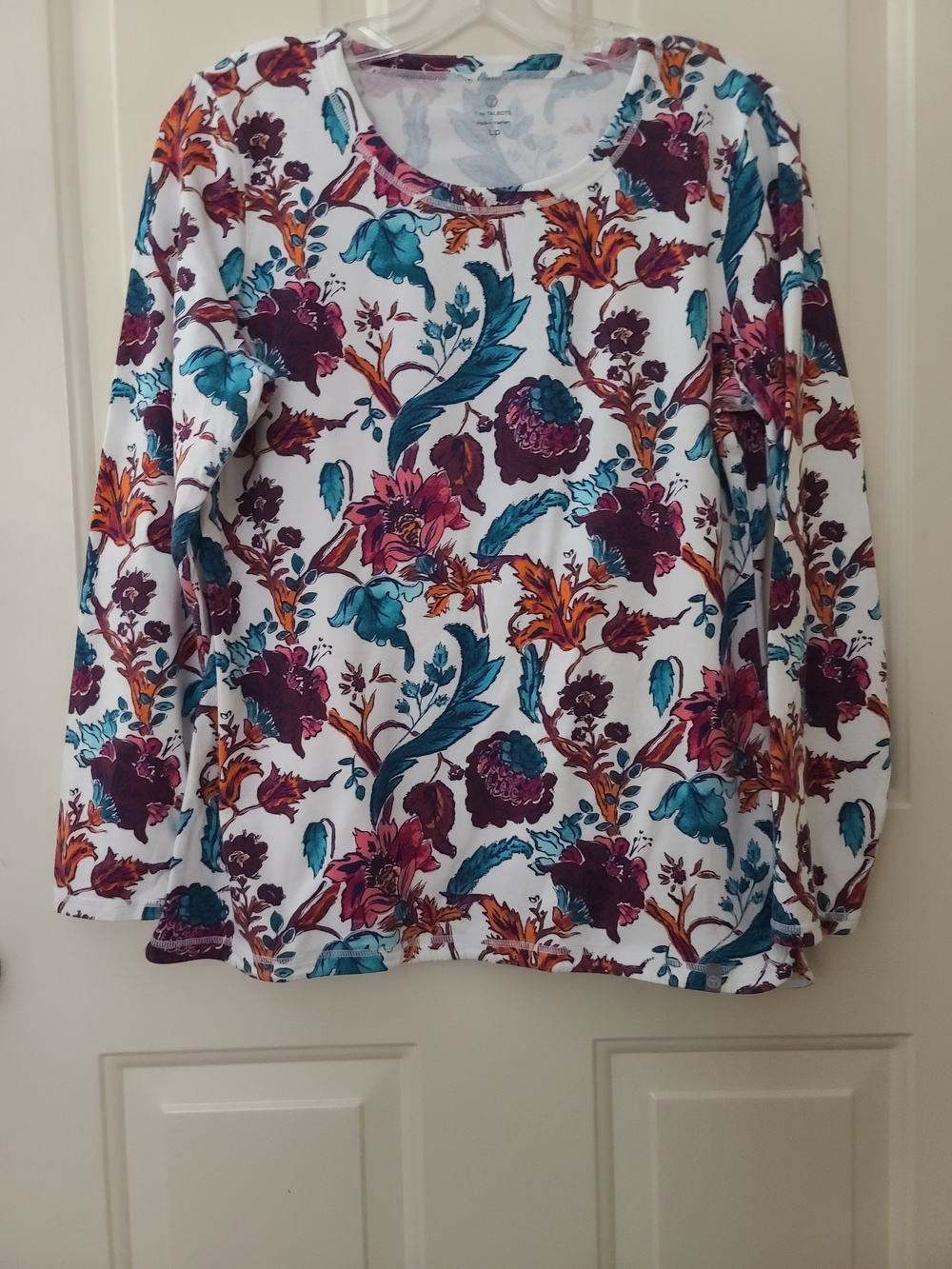 Talbots White Long-Sleeve Floral Scoop Neck Top with Teal, Purple & Orange
